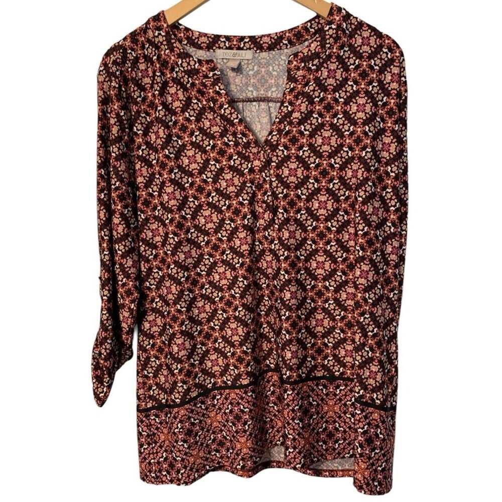 Roz And Ali Top Multicolor 3/4 Sleeve Casual Wear V Neck Top Size Large